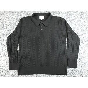 Industry Knit Polo Sweater Mens Large Black Textured Long Sleeve Button